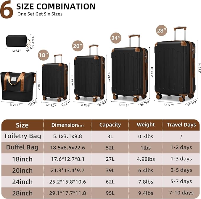 LARVENDER Luggage Sets 6 Piece Hardside Expandable Suitcase Set with Spinner Wheels TSA Lock Black, Travel Luggage Set Clearance for Men and Women, Black