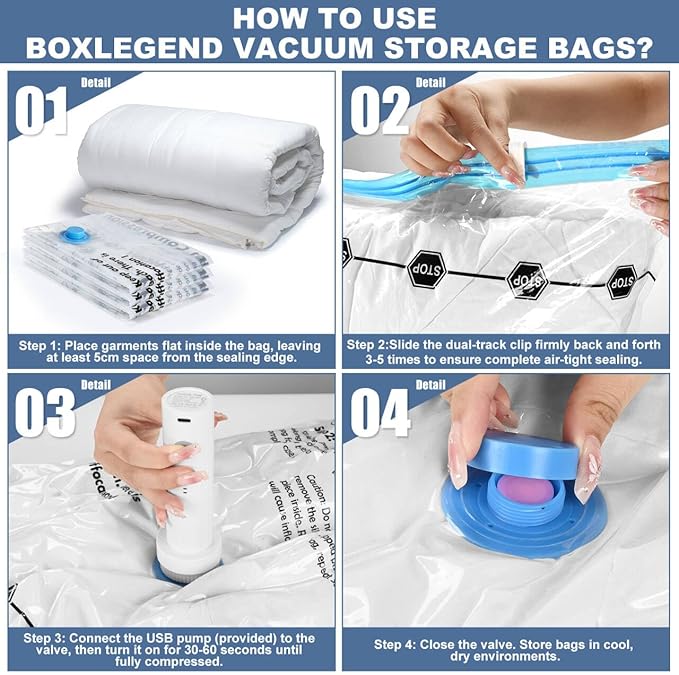 BoxLegend Vacuum Storage Bags with Electric Pump 26 Combo (3X-Jumbo, 5 Jumbo, 5 Large, 8 Medium, 5 Small) Thickened Vacuum Seal Bags for Clothing Space Saving for Coat Quilt Blanket Pillow Comforters