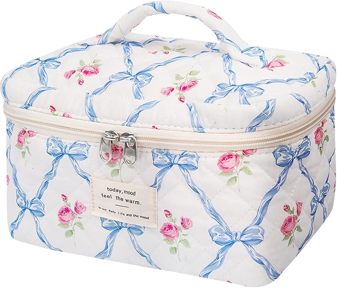 Large Makeup Bag, Cute Cosmetic Bag for Women Girls, Floral Coquette Aesthetic Toiletry Bag, Travel Make Up Organizer Bag (Blue Butterfly)