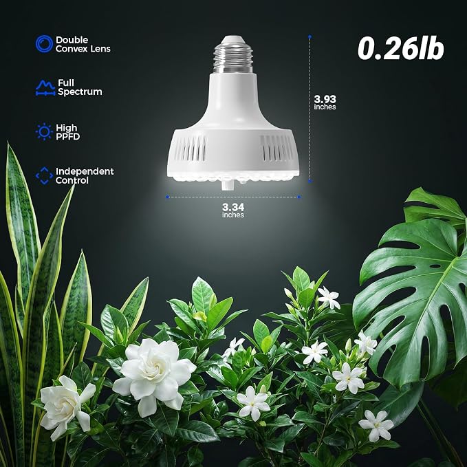 Barrina OG11A Grow Light Bulbs for Indoor Plant, 5000K 11W, 1 Pack, White | Integrated Dimming & Timing, E26 Plant Light Bulb, Full Spectrum, High PPFD for Seeds and Greens