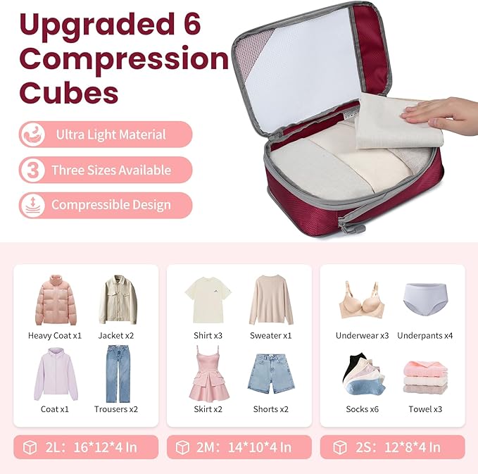 Compression Packing Cubes for Travel, Lightweight Vacation Travel Essentials, Travel Accessories for Suitcase Organizer Bags Set, Durable Luggage Organizer
