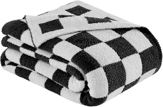 Checkered Throw Blanket, Black Soft Cozy Fluffy Knitted Throw Blankets for Couch, Sofa, Bed, Chair, Warm Fuzzy Travel Picnic Lightweight Plaid Blanket, 50x70 inches