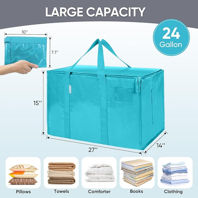 TICONN 2 Pack Extra Large Moving Bags Heavy Duty with Zippers & Carrying Handles, Durable Storage Bags Moving Boxes for Closet Organizers and Storage (2 Pack, Aqua)