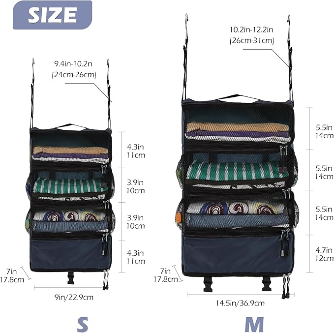 Surblue Travel Hanging Luggage Organizer Portable Suitcase Closet Organizer Multiple Compartments Collapsible Compression Packing Cubes Shelf, Navy, S