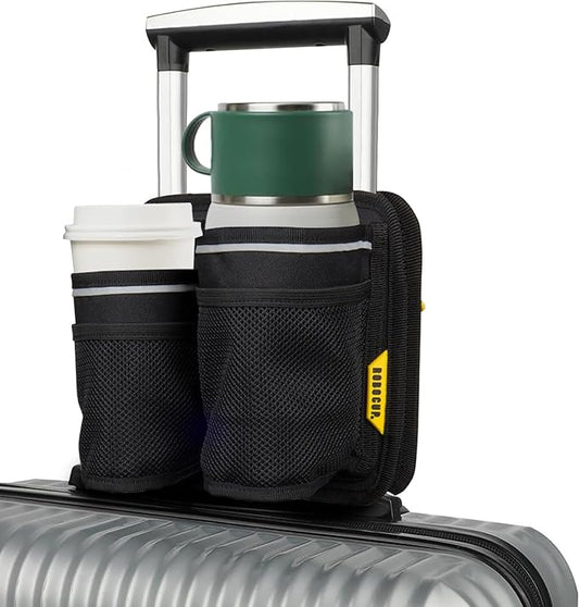 ROBOCUP Travel-Friendly Foldable Dual Drink Holder, Univesal Design for Luggage, Cases and Breifcases with a Telescopic Handle | Storage Pockets, D-Ring, Pen Slot, Reflective Stripe, Hook&Loop Patch