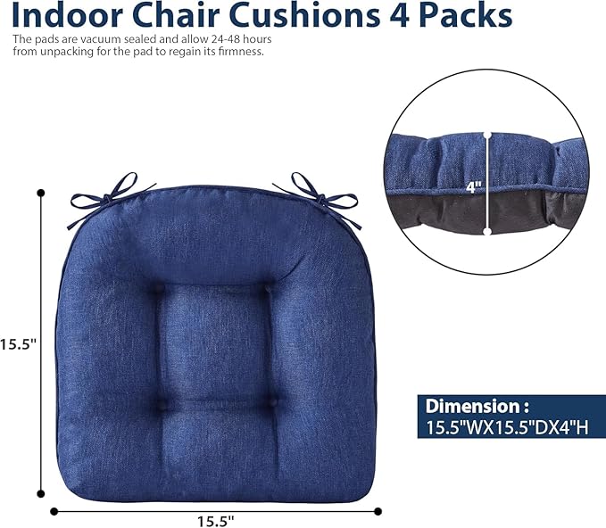 Chair Cushions for Dining Chairs, Seat Cushions for Kitchen Chairs, Indoor Seat Cushions with Ties, Tufted Foam Chair Pads, Non Slip Chair Cushions Set of 2, 15.5" x 15.5" x 4", Navy Blue