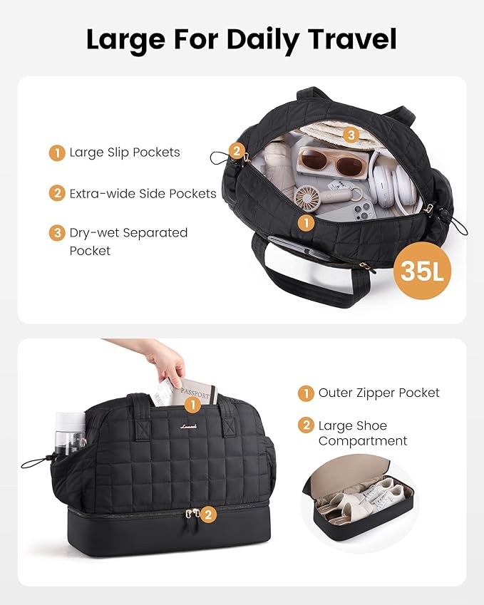 LOVEVOOK Large Travel Duffle Bag, Women's Weekender & Overnight Bag with Shoe Compartment, Airplane Carry On, Machine Washable, Lightweight, Utility Style, Black