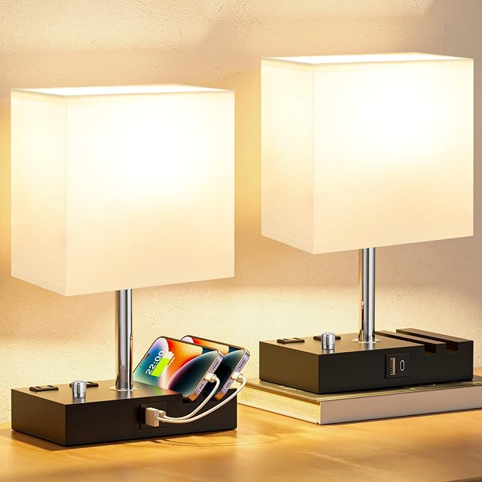 White Bedside Table Lamps Set of 2 - Dimmable, USB C+A, 2 AC Outlets | Dimming By Rotary Knob, USB C+A Ports, 2 Phone Stands, LED Bulbs Included, Rectangle White Lampshade, for Living Room, Desk