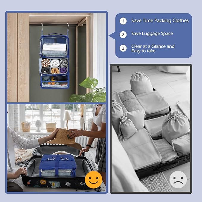 Surblue Hanging Shelves Travel Storage Bag Compression Packing Cube for Suitcase Collapsible with Extension Layer Large Capacity, Blue,XL