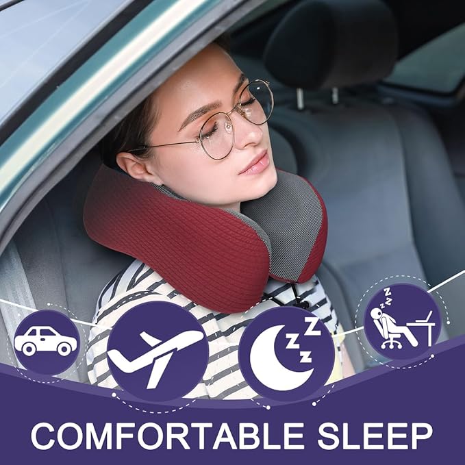 napfun Neck Pillow for Travel with Travel Pouch, Sleep Mask & Earplugs, Memory Foam Airplane Pillow for Headrest Sleep with Eyeshades, Plane Essentials with Eye Blindfold, Burgundy Striped Kit
