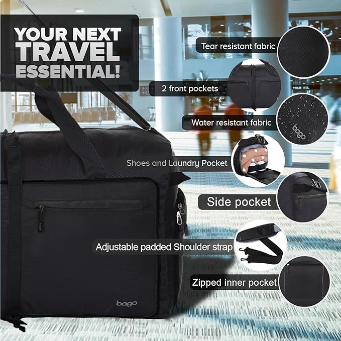 Bago Extra Large Duffle Bag for Travel Women & Men. Durable, Lightweight, Foldable Travel Duffel Bags For Traveling Women. 120L Duffle Bags Use As a Weekender Bag with Shoe Compartment, Checked Duffel