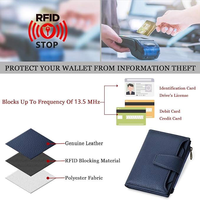 Airkit Small Wallet Women RFID Blocking Soft Leather Bifold Compact Card Holder Wallet for Women with Zipper Coin Pocket 4 ID Window