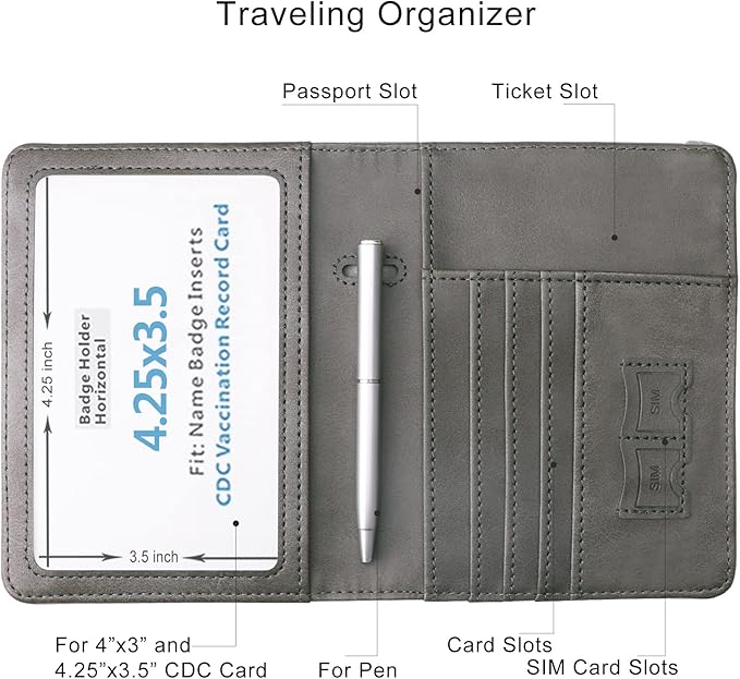 WALNEW Passport Holder Wallet, RFID Blocking Passport Cover Case PU leather Card Holder with Pen and Clear Card Slot for Women Men, Gray