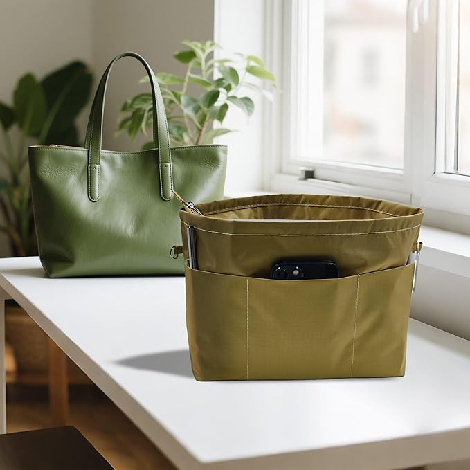 Time Wing Handbag Tote Purse Organizer Insert Bag Liner Shaper Pocketbook Divider Zipper 11 Pockets Compartments X Large Khaki Green