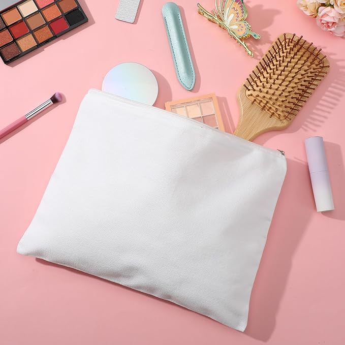 8 Pack Blank Canvas Makeup Bag, White 12 x 9 Inch Zipper Pouch Multipurpose Cosmetic Bag for DIY, Travel Organizer, Stationery Storage
