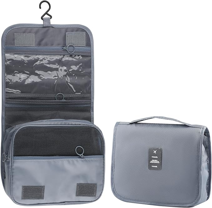 Foldable Hanging Travel Toiletry Bag,Waterproof Portable Travel Bags, Multifunction Travel Makeup Cosmetic Bag Organizer with Hanging Hook (Grey)