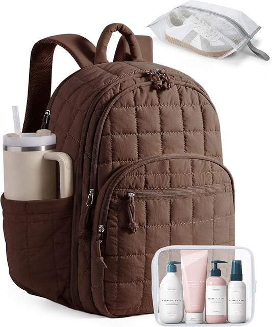 BAGSMART College Laptop Backpack, Travel Backpack for Women, Quilted Airline Approved Carry On Backpack Fits 17.3 Inch Laptop, Personal Item Travel Bag, Chocolate