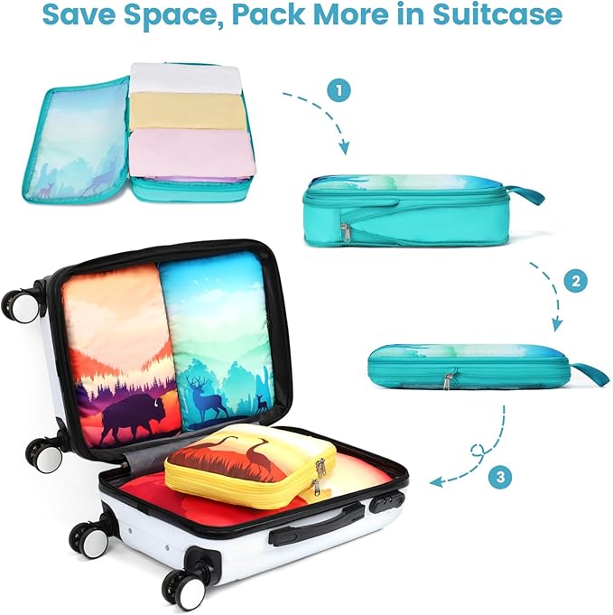 Cambond See Through Mesh Compression Packing Cubes for Travel Women - 4 Set Lightweight Expandable Compression Cubes for Travel Packing Organizers for Luggage Suitcases, National Park