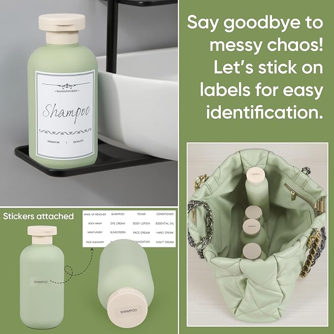 DEMORA 6.6oz Travel Bottles for Toiletries, Larger Plastic Travel Squeeze Bottles Leak Proof Refillable Toiletry Containers with Flip Caps and Labels for Shampoo Conditioner Lotion (Green, 4 Pcs)
