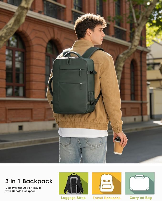 Capolo Travel Backpack for Women Men Waterproof Laptop Backpack Airlines Approved Carry On Backpack Bag Computer Bookbag for Business, Work, Traveling Fits 17 Inch Laptop(Green)