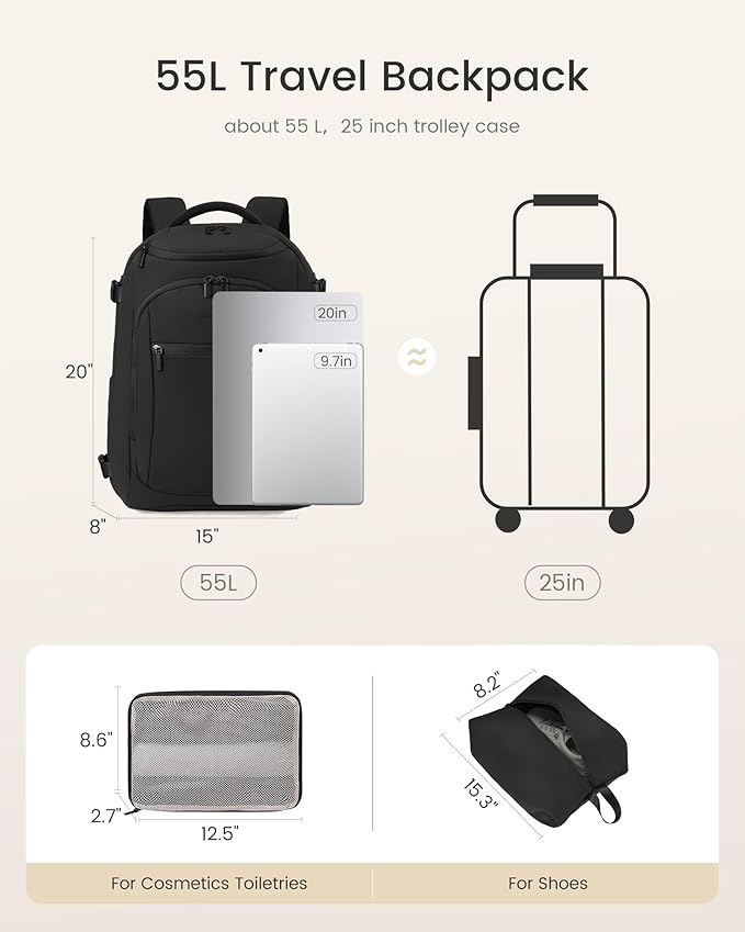 LOVEVOOK 50L Travel Backpack for Women & Men,Airline Approved Carry On Backpack with 3 Packing Cubes,TSA Waterproof Personal Item Bag,Weekender Overnight Essentials Backpacks fits 20" Laptop Backpack