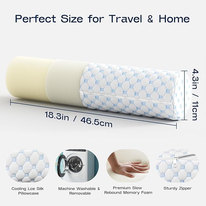 Neck Roll Pillow, Memory Foam Neck Support Pillows, Round Neck Pillows, Cylinder Bolster Pillows for Bed, Couch, and Yoga, Removable Washable Cover,18 * 4.1 * 4.1inch (Cool-Blue)