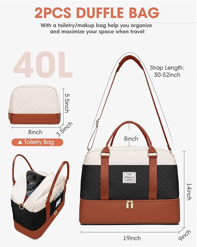 Weekender Bags for Women Duffle Bag - Travel Bag for Women with Shoe Compartment Carry On Overnight Bag Yoga Gym Bag with Wet Pocket Hospital Bag Labor Delivery Black Beige Brown