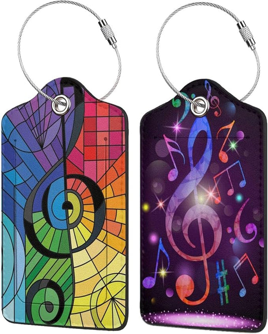 2P Music Note Rainbow Glass Luggage Tags Privacy Cover ID Label with Stainless Steel Loop and Address Card for Travel Bag Suitcase Funny Cute Man Women Kids