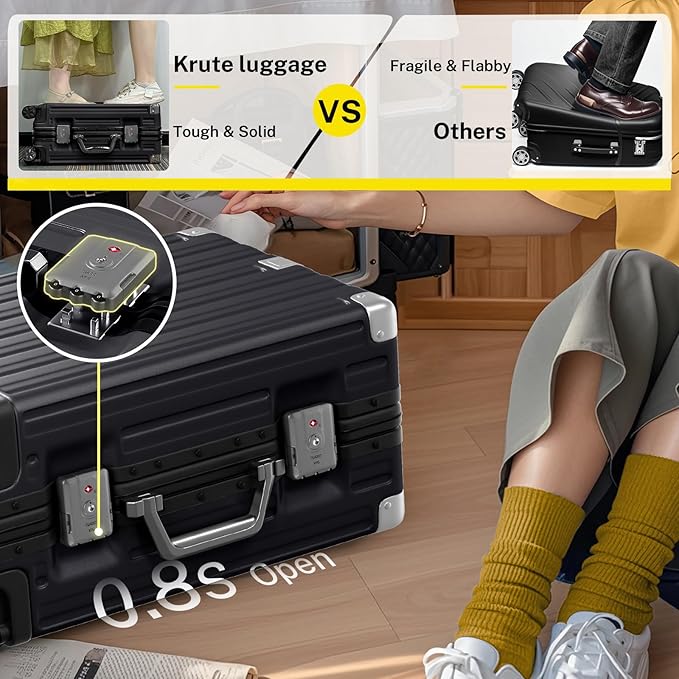 Krute Carry On Luggage 20 inch Aluminum Frame Luggage with Spinner Wheels Hardshell No Zipper PC+ABS TSA Lock Zipperless Suitcases
