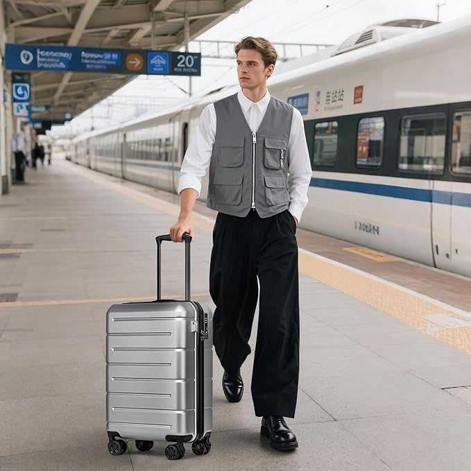 KYME Carry On Luggage 22x14x9 Airline Approved Hardshell Carry On Suitcases with Wheels Travel Rolling 20 Inch Luggage with Cup Holder for Women Men,Carry-on Silver Grey
