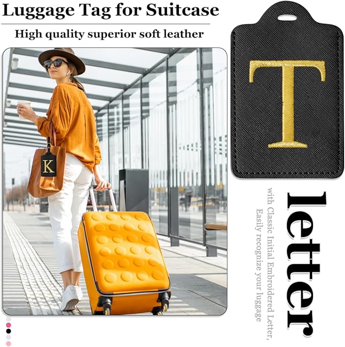 Personalized Initial Luggage Tags for Suitcases,Leather Letter Cute Luggage Tags with Privacy Name Card,Embroidered Monogrammed Travel Bag Backpack Tag Gifts for Women Kids Girls Teens(Black-T)
