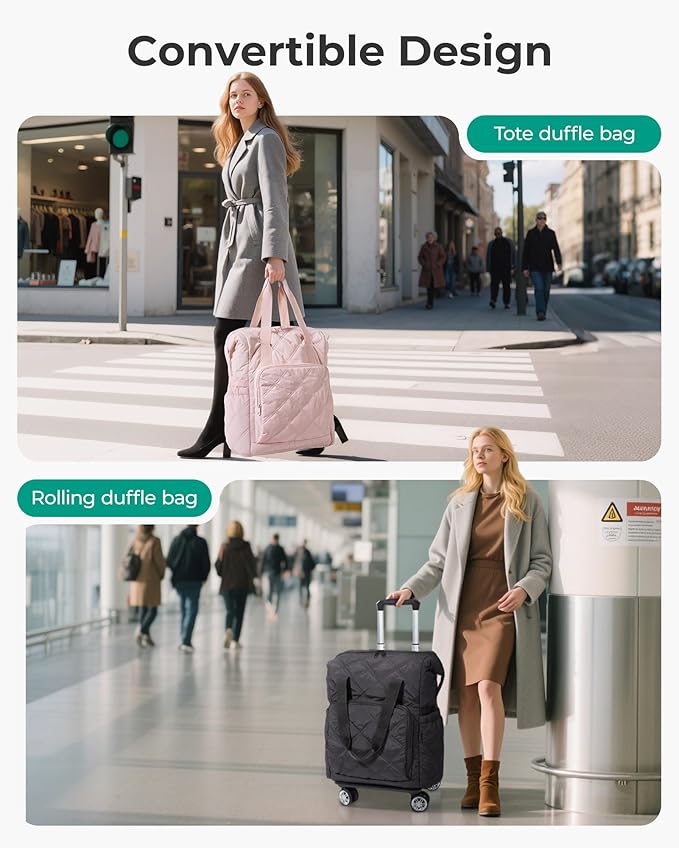 BAGSMART Rolling Duffle Bag with Wheels, 35L Carry on Travel Bag with Detachable Wheels, PVC Wet Pocket Duffel bag with Wheels, Baby Pink