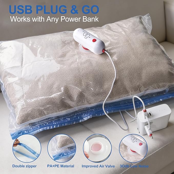 VMstr 15 Pack Travel Vacuum Storage Bags with USB Pump, Vacuum Packing Seal for Luggage and Suitcase, Space Saver for Clothes and Clothing Travel