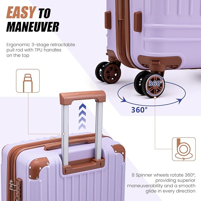 KUNEL Expandable 5 Piece Luggage Sets with Detachable Spinner Wheels and TSA Lock, Unisex Hardside ABS Suitcase Set, Hardshell Lightweight Waterproof Travel Hard Case Suitcases with Wheels, Purple