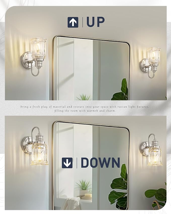 Brushed Nickel Wall Sconce, HWH Modern Sconce Wall Lighting Vanity Sconce Lights for Bathroom, 1-Light Wall Sconce with Bell-Shaped Fluted Glass, 5HZG106B BN