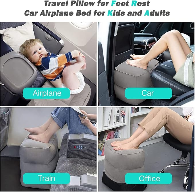Inflatable Foot Rest Pillow for Travel, Kids/Adults Airplane Travel Pillow Kids Bed-Adjustable Height Cushions,for Kids to Sleep While Traveling,Suitable for Car,Office,Home,Travel (Black)