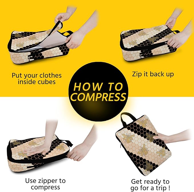 6 Pcs Compression Packing Cubes Waterproof Suitcase Travel Bag Luggage Backpack Organizer Travel Cubes for Packing-Black and Gold Bees