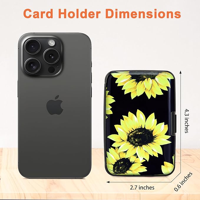 Mayski Credit Card Holder, RFID Blocking, Aluminum Alloy Hard Case, Small Mini Business Metal Wallet for Women Men, Sunflower