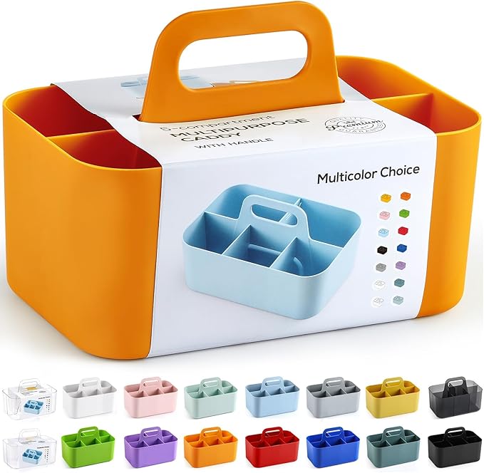 Multiuse Caddy Organizer with Handle, Portable Divided Plastic Tote Bin - Art Craft, Stationary Pen Marker Crayon, Makeup Hair Supplies Storage - Bathroom, Classroom, Dorm, Office, Desk Holder -Orange
