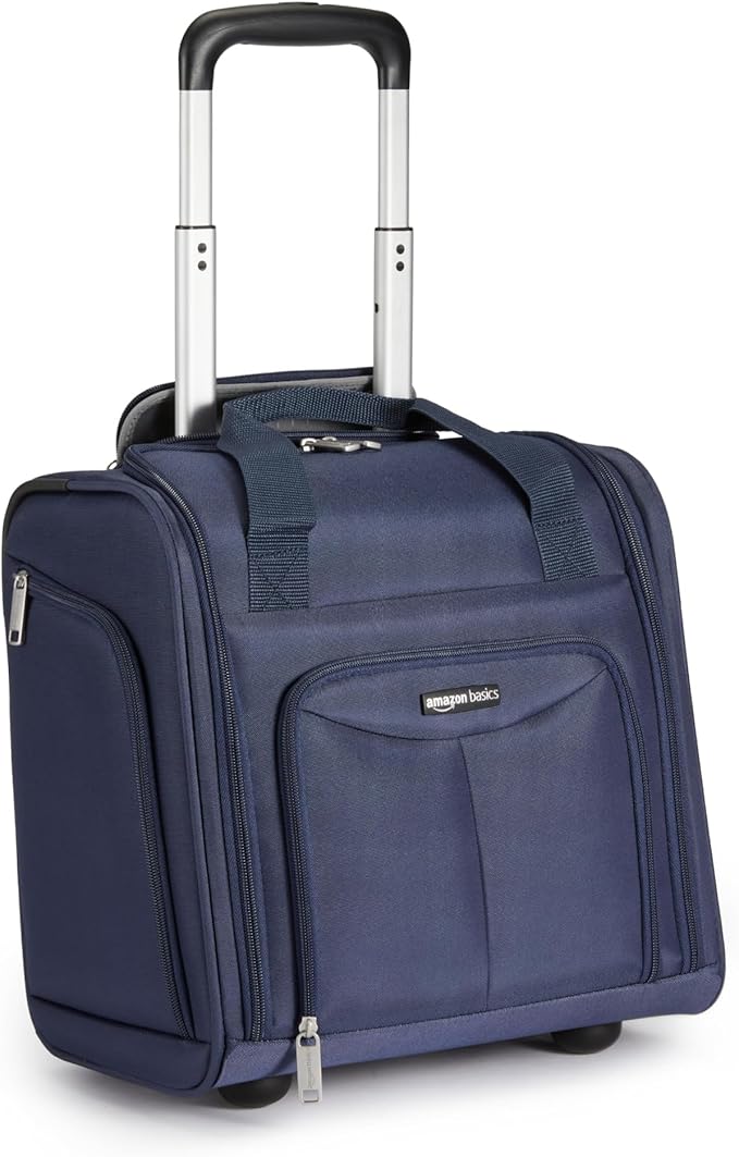Amazon Basics Underseat Carry-On Luggage with Wheels and Handle, 14" Rolling Travel Bag, Fits Overhead Bins, Organized Compartments, Navy