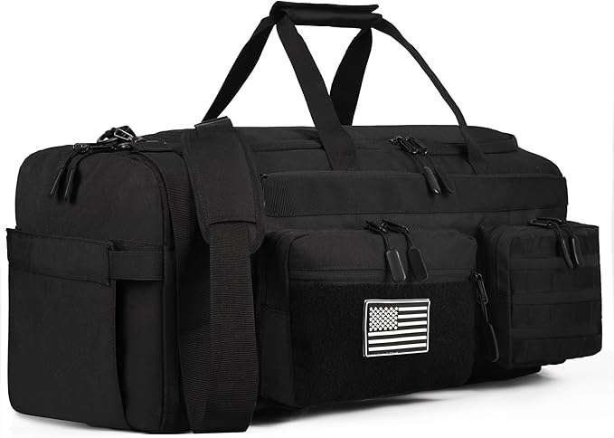 LHI 50L Tactical Duffle Bag for Men, 3-in-1 Gym Duffle and Backpack, Shoe Compartment, Laptop Sleeve and MOLLE, Carry-On Travel Weekender and Overnight Bag – Black