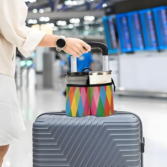Luggage Cup Holder for Suitcases Free Hands Travel Cup Holder Portable Suitcase Cup Drink Holder Luggage Cup Caddy Bag Carrier Pink Green Argyle