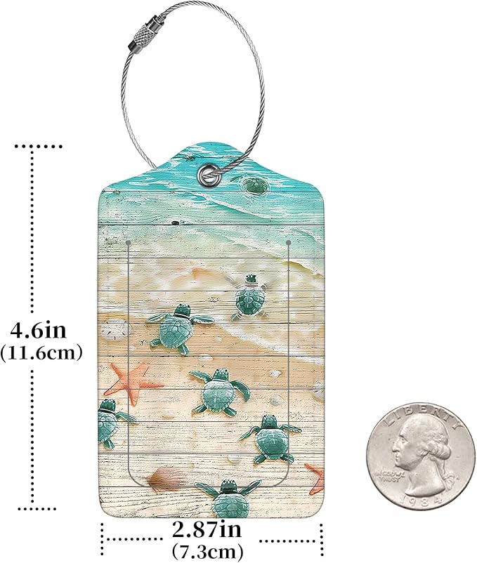 2 Pcs Luggage Tags for Suitcase, Cute Unique PU Leather Travel Bag Tag with Privacy Cover ID Label Address Card and Durable Metal Ring Suitable for Men Women Children Backpack,Turtle and Starfish