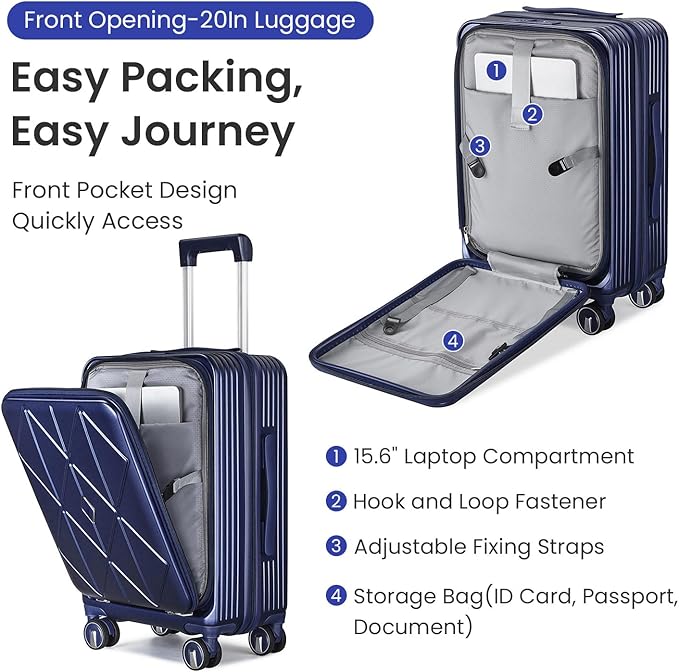 3 Piece Luggage Set 100% PC Hardshell, Front Opening Expandable Suitcase (20/24/28) with Laptop Compartment & Free Custom PVC Covers, Lightweight Spinner Wheels TSA Lock (Navy Blue)