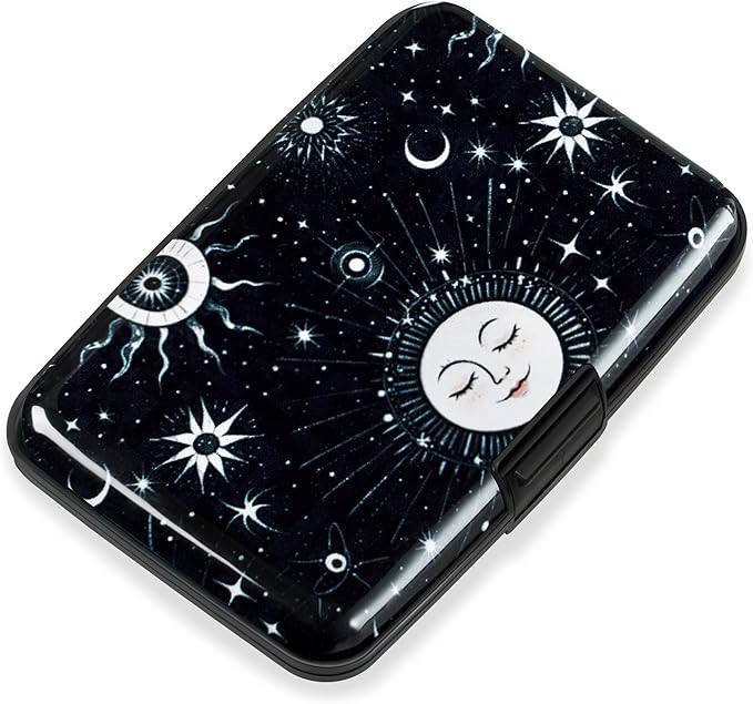 Mayski Credit Card Holder, RFID Blocking, Aluminum Alloy Hard Case, Small Mini Business Metal Wallet for Women Men, Sun Moon