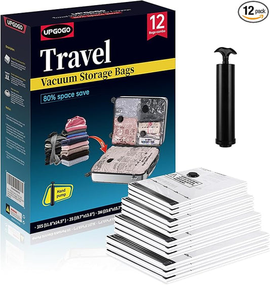 Travel Vacuum Bags for Luggage with Hand Pump,Vacuum Seal Bags for Clothing,Packing Cubes Compression,Cruise Ship and Travel Essentials(Combo 12 Pack)