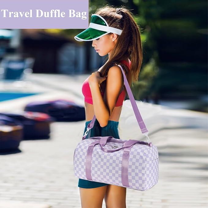 LEDAOU Duffle Bag Girls Kids Cute Dance Bag with Shoes Compartment Gym Bag with Wet Pocket Sports Overnight Travel Bag (Purple Checkered)