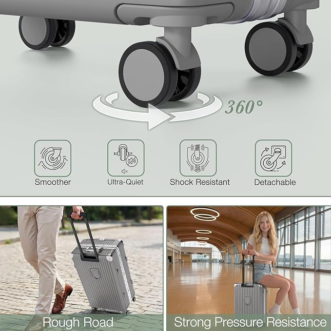 Krute No Zipper Carry On Luggage 20 Inch Suitcase with Wheels PC Aluminum Frame Zipperless Luggages with Cup Holder and Charger Hard Side TSA Approved Travel Suitcases Gray