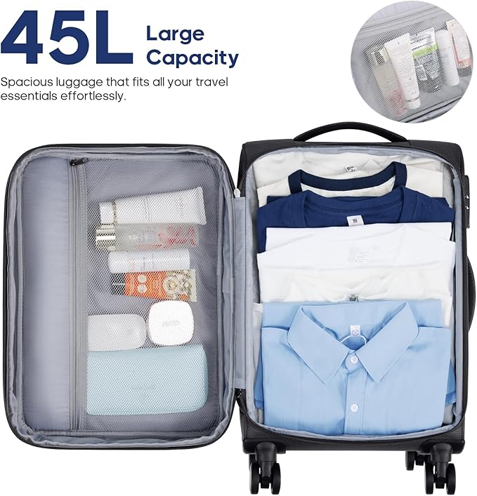 UKEIN Softside Expandable Carry On Luggage 22x14x9 Airline Approved, 20 Inch Suitcase with Wheels & TSA Lock, Travel Suitcase with 4-Piece Packing Bags for Women Men