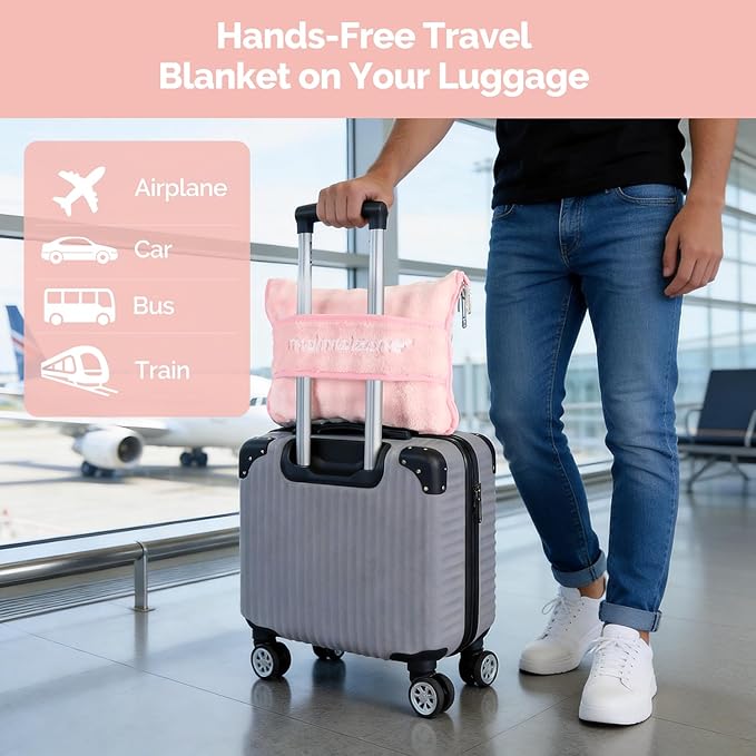 Pink Travel Blanket for Airplane, Soft Lightweight Flannel Blanket, Compact & Portable with Storage Bag, Luggage Strap & Clip, Cozy Travel Essential for Flights, Road Trips & More,40.7" x 64.1"